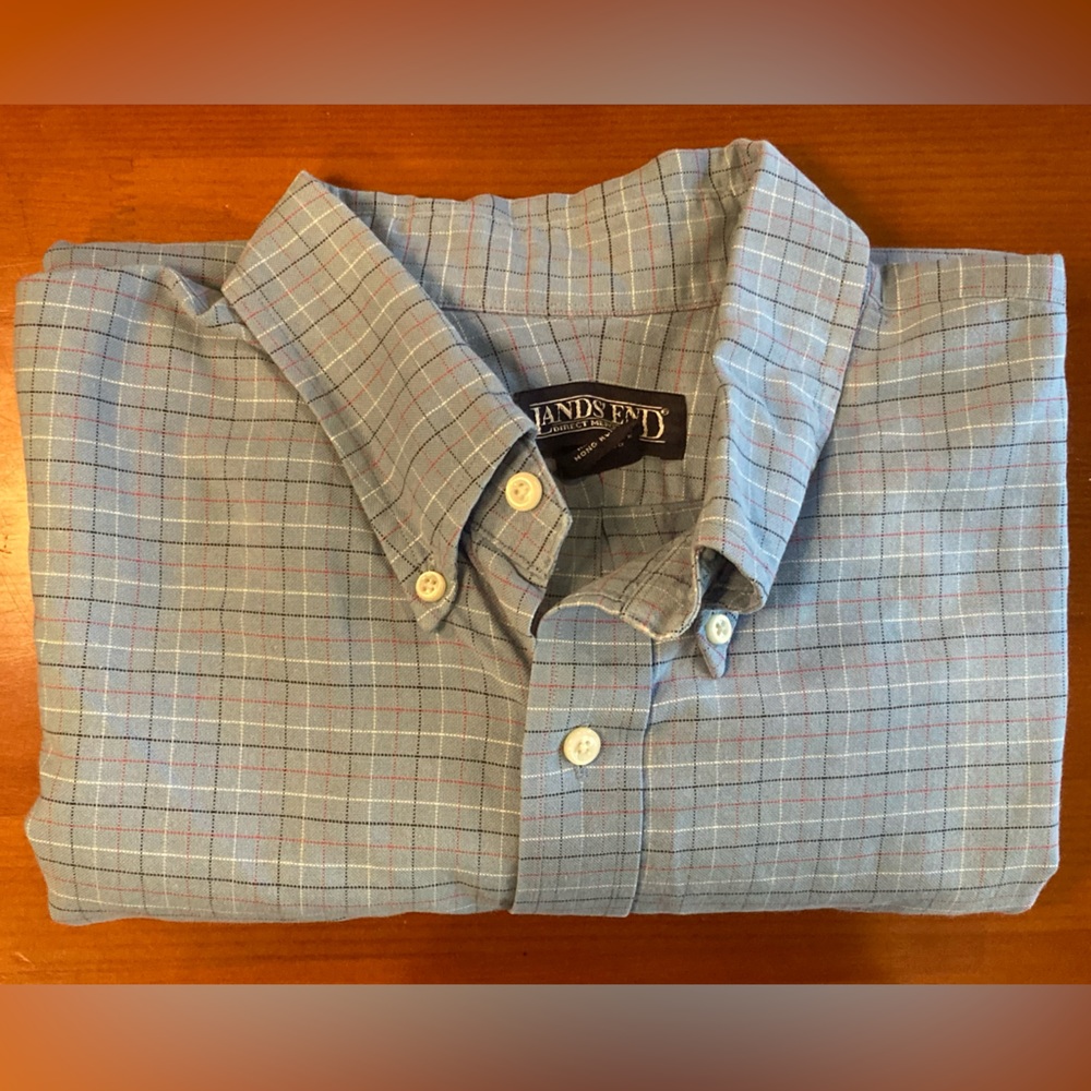 Lands’ End Mens Size 17.5 35 Shirt Heavy Cotton Button Up Blue Salmon White